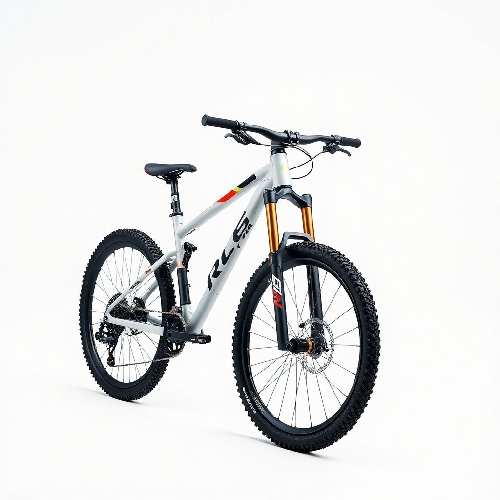Professional studio photo of a modern full-suspension mountain bike, clean background, high quality, commercial photography
